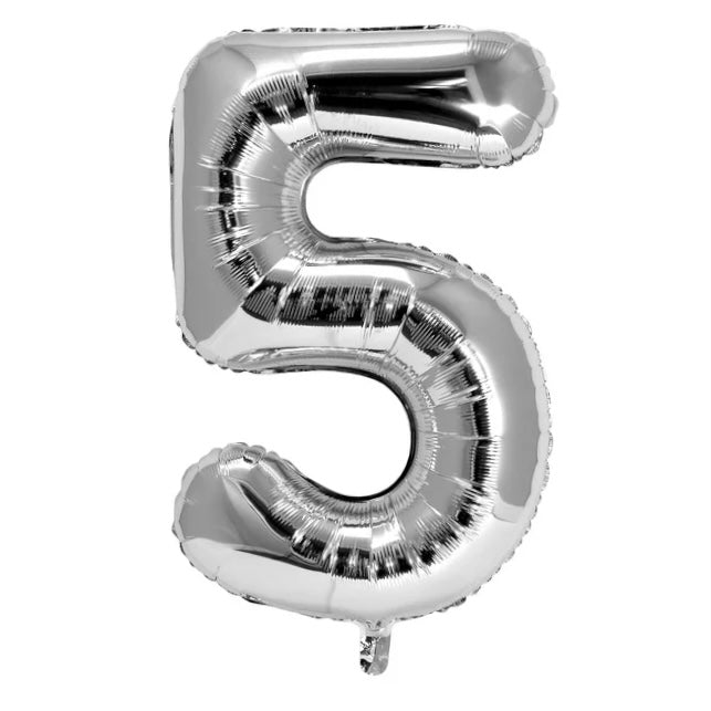 JUMBO NUMBER 5 FOIL BALLOON - SILVER - 35 INCH / 88 CM ( REGULAR BRAND )