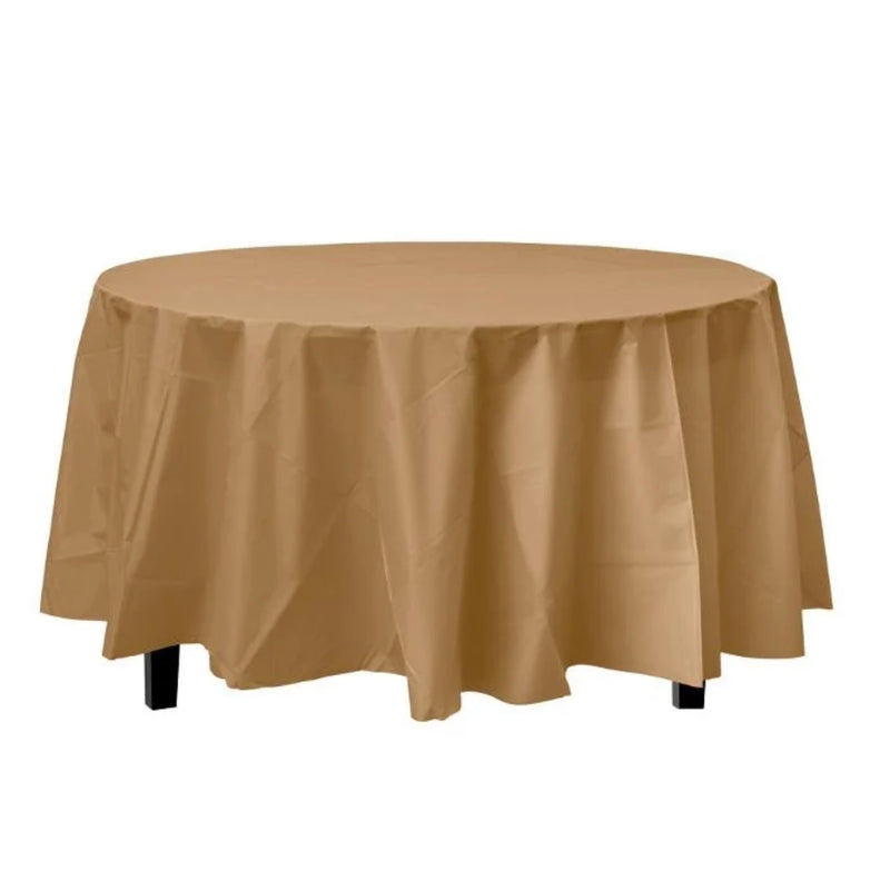 GOLD ROUND PLASTIC TABLE COVER 215 CM - DIAMETER