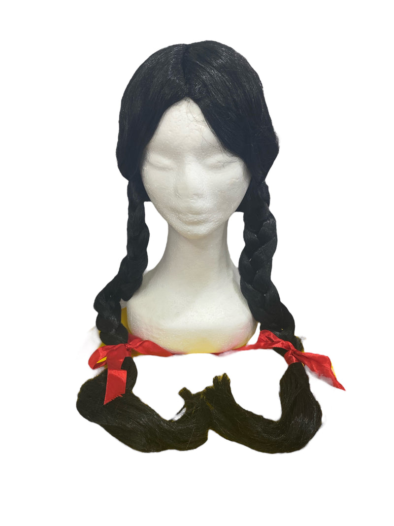BLACK WIG WITH 2 BRAIDS AND RED RIBBONS