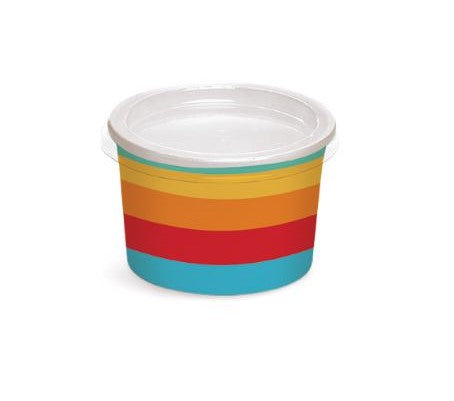 RAINBOW STRIPED MINI PAPER TUBS WITH TRANSPARENT PLASTIC LIDS