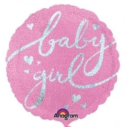 BABY GIRL SCRIPT HOLOGRAPHIC JUMBO FOIL BALLOON - 32 INCH