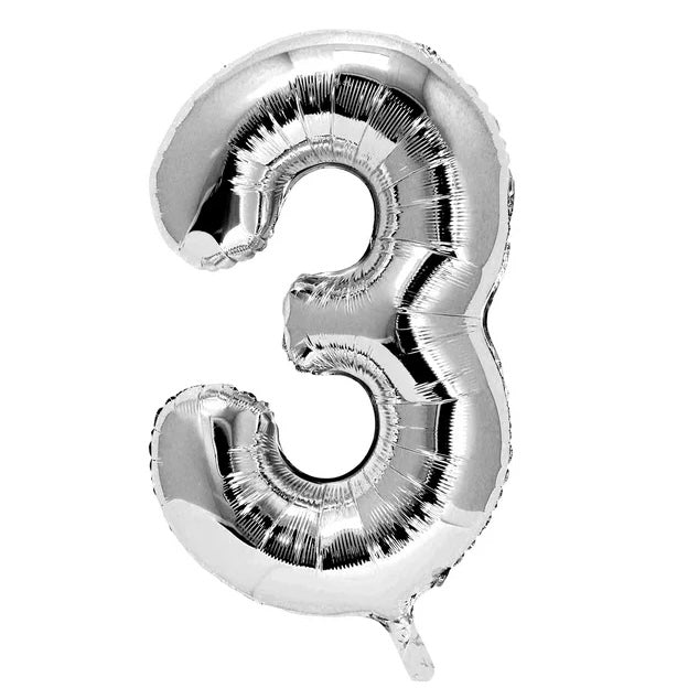 JUMBO NUMBER 3 FOIL BALLOON - SILVER - 35 INCH / 88 CM ( REGULAR BRAND )