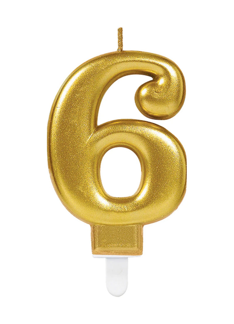 NUMBER 6 Gold Metallic Candle - 7.5cm