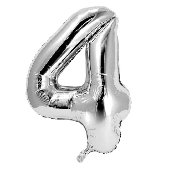 JUMBO NUMBER 4 FOIL BALLOON - SILVER - 35 INCH / 88 CM ( REGULAR BRAND )